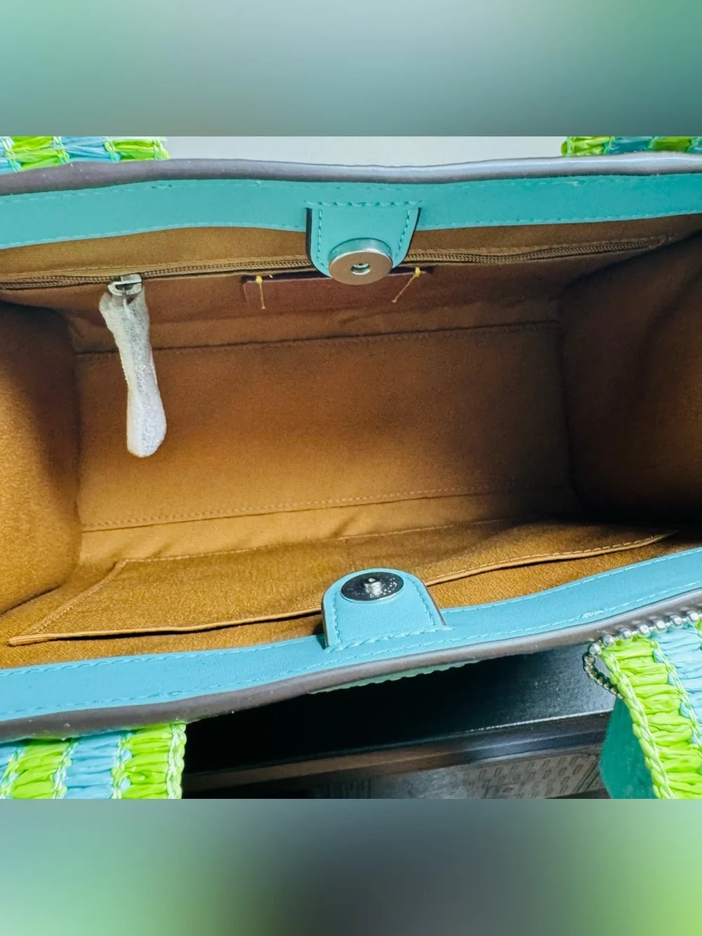 Coach Smith Tote Bag 24 Light Turquoise  straw webbing New NWT